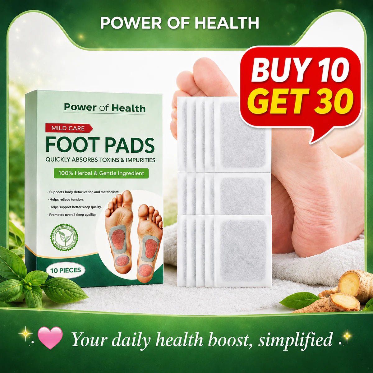 100% 🥉 Pure Sole Herbal & Gentle Ingredient Detox Foot Pads BUY 10 GET 20 FREE (Pack of 30)